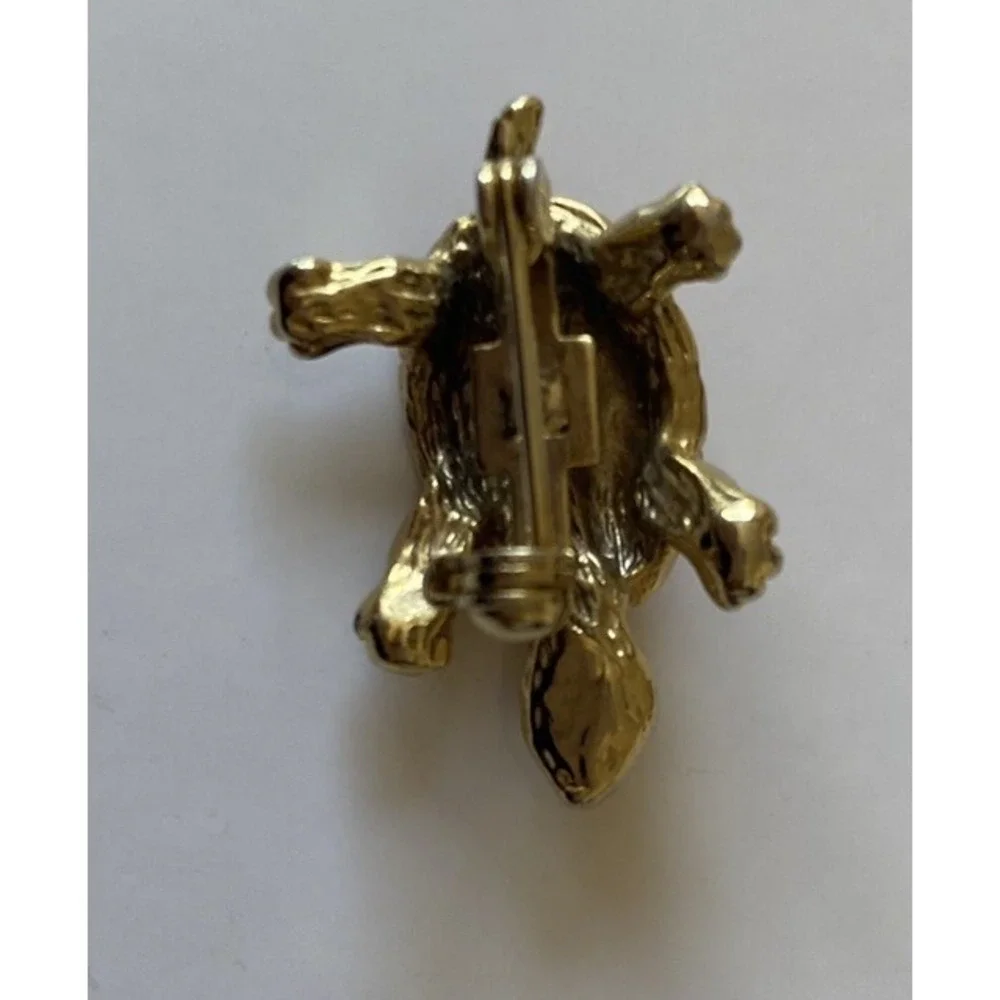 VTG Gold Tone Enamel Turtle Green Rhinestone Eyes 1 
